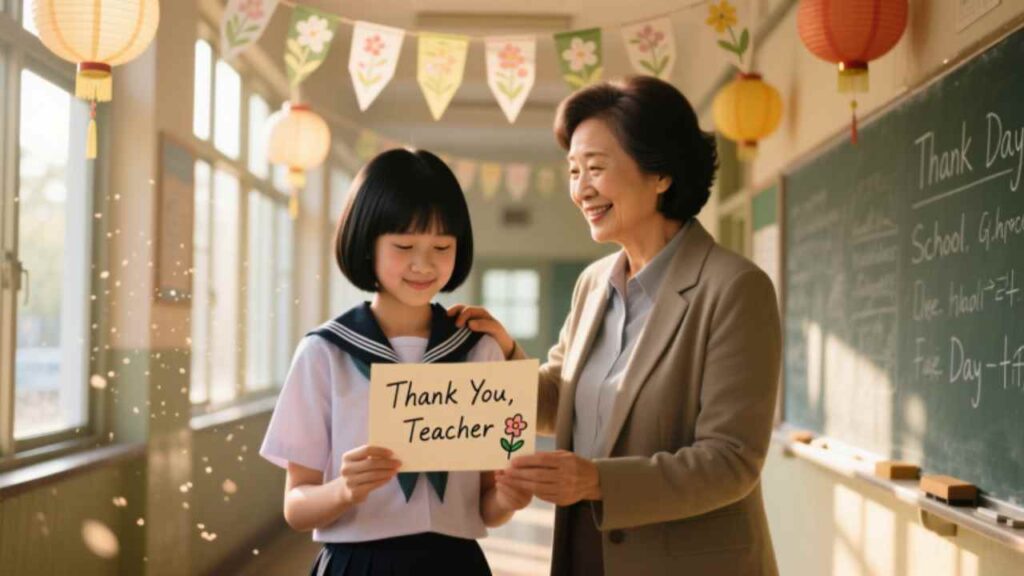 Adorable student gives “Thank You, Teacher” card to smiling educator in decorated school hallway. Perfect for Teacher Appreciation Day, gratitude moments & school celebrations.