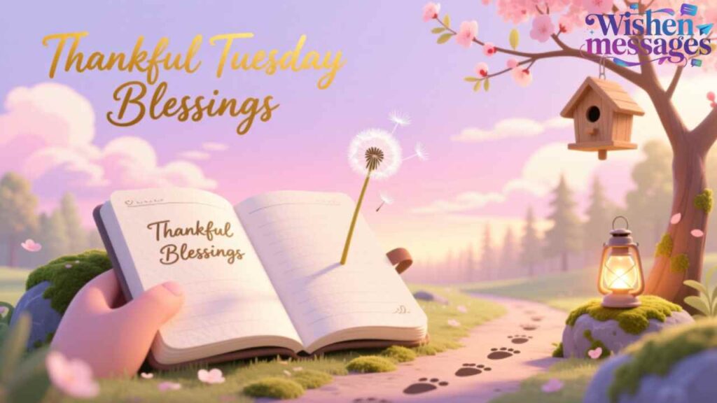Thankful Tuesday blessings with open journal, dandelion, glowing lantern, cherry blossoms—peaceful nature scene for gratitude and calm start to week.