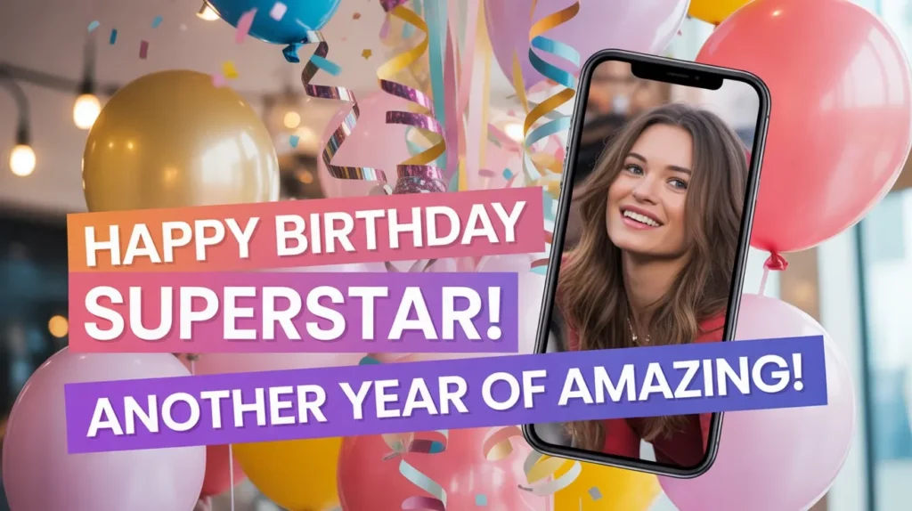 Happy Birthday Superstar! Another Year of Amazing – Festive Balloon Background with Smiling Woman on Smartphone Screen