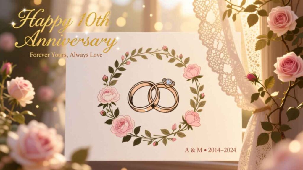 Happy 10th Anniversary card with gold rings, pink roses, and lace. “Forever Yours, Always Love” — perfect for A & M’s decade of devotion.