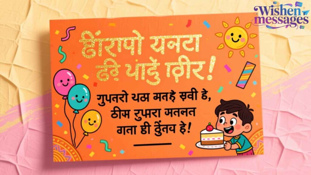 Happy Birthday Son! Cute cartoon boy with cake, smiling balloons, and glittery Nepali text on orange background with confetti.